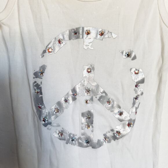 NWT Vintage Y2K Peace Rhinestone Ribbed Fitted Tank Top White Silver Medium - Picture 2 of 5